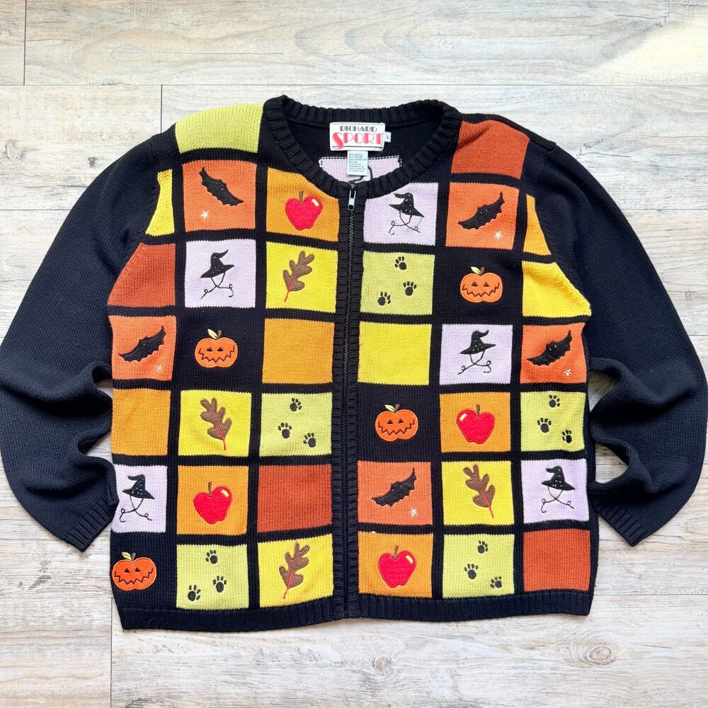 Vintage Halloween Cardigan Sweater Large Pumpkin Bat Witch Hat Patchwork 90s
